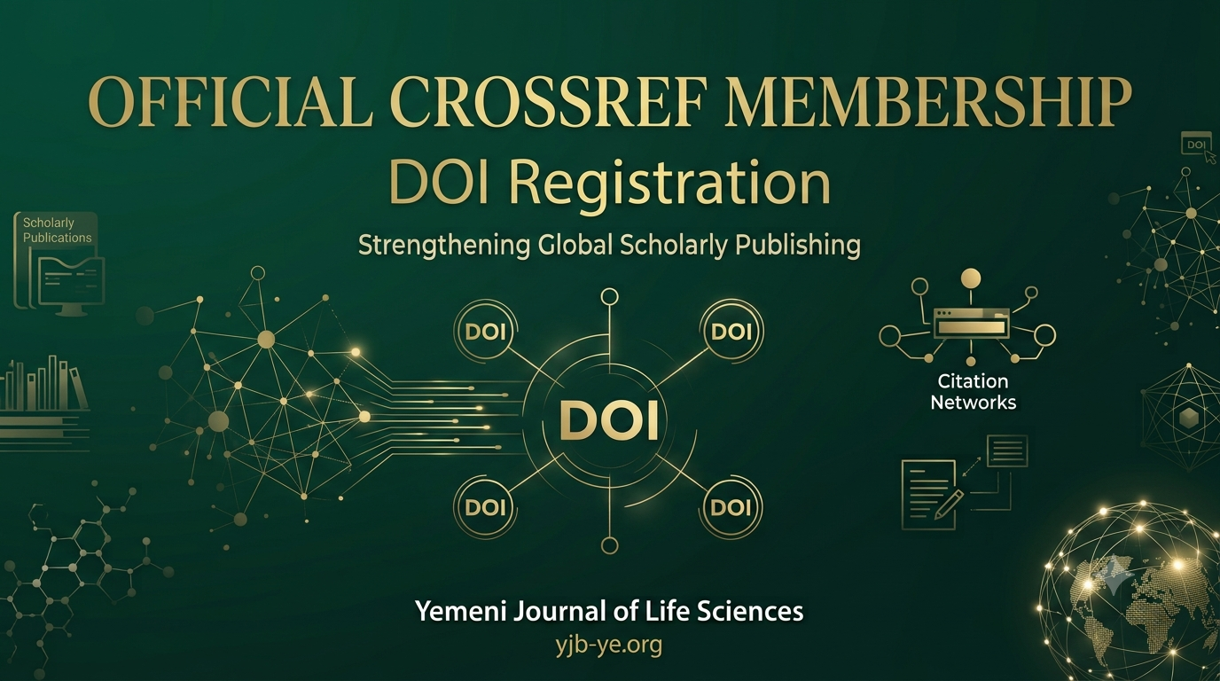 Editorial announcement celebrating the official Crossref membership and DOI registration of the Yemeni Journal of Life Sciences.